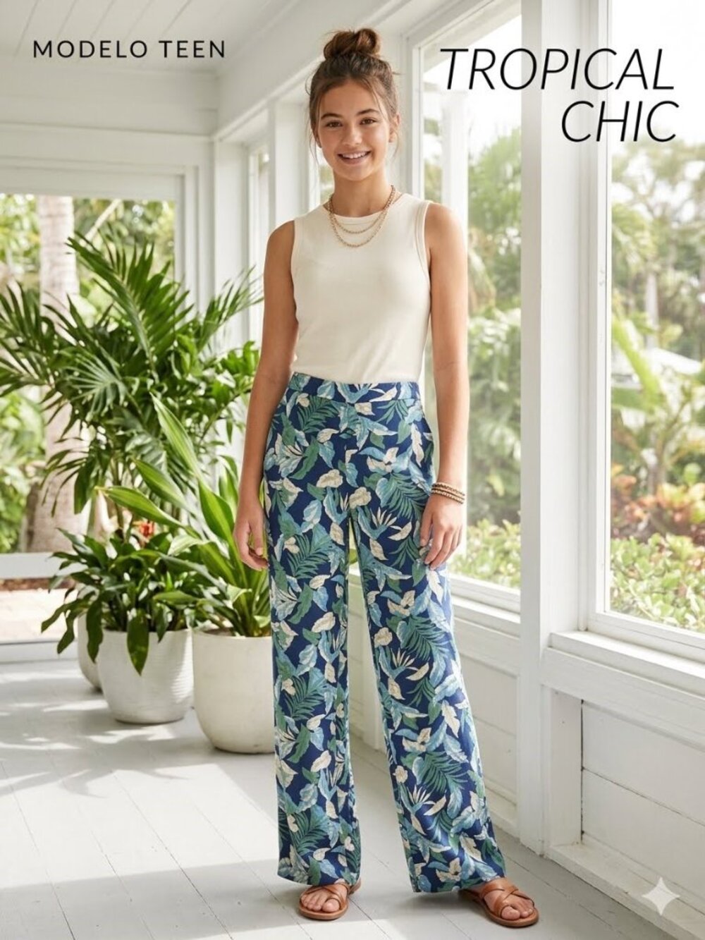 Lanidor Women’s Tropical Leaf Print Pants Blue, White & Green Size M